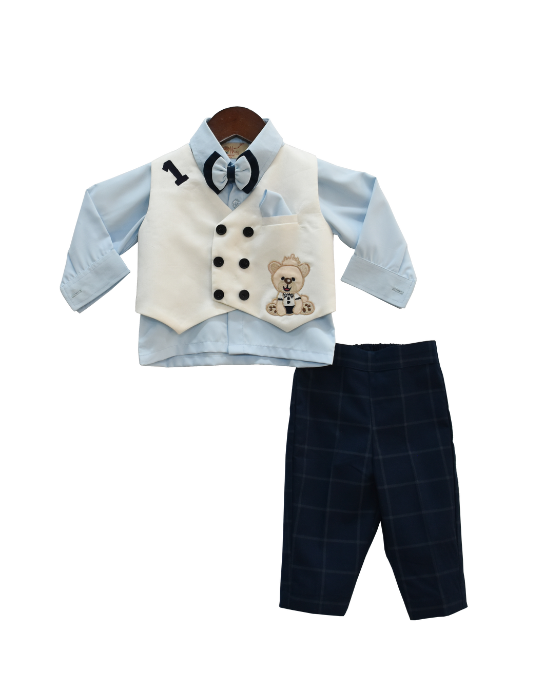 Boys Blue Shirt With Pant And White Waist Coat Set