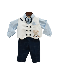 Boys Blue Shirt With Pant And White Waist Coat Set