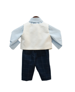 Boys Blue Shirt With Pant And White Waist Coat Set