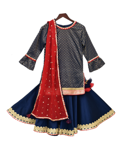 Girls Blue Brocade Kurti With Sharara & Dupatta