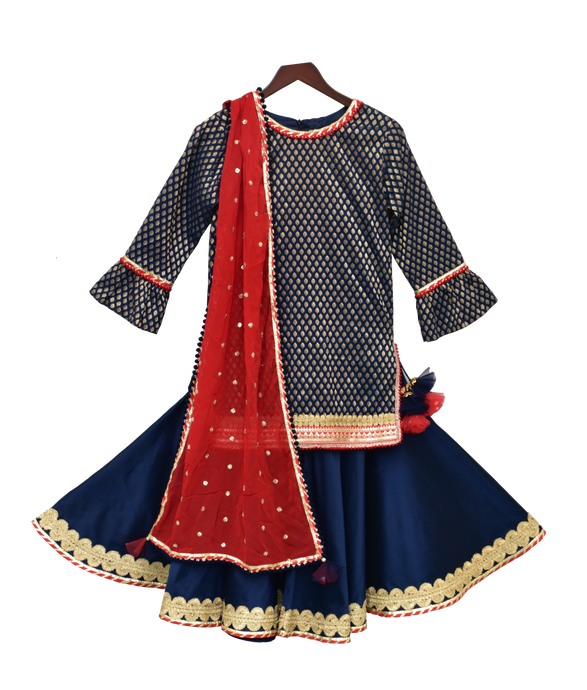 Girls Blue Brocade Kurti With Sharara & Dupatta