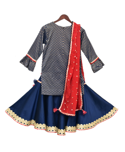 Girls Blue Brocade Kurti With Sharara & Dupatta