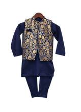 Load image into Gallery viewer, Boys Blue Brocade Nehru Jacket With Kurta &amp; Churidar