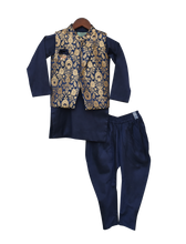 Load image into Gallery viewer, Boys Blue Brocade Nehru Jacket With Kurta &amp; Churidar