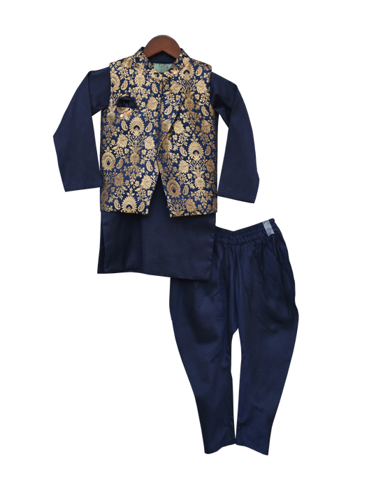 Boys Blue Brocade Nehru Jacket With Kurta & Churidar