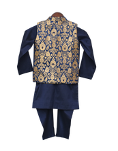 Load image into Gallery viewer, Boys Blue Brocade Nehru Jacket With Kurta &amp; Churidar
