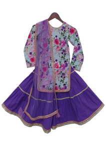 Girls Blue Cotton Printed Kurti With Purple Cotton Sharara