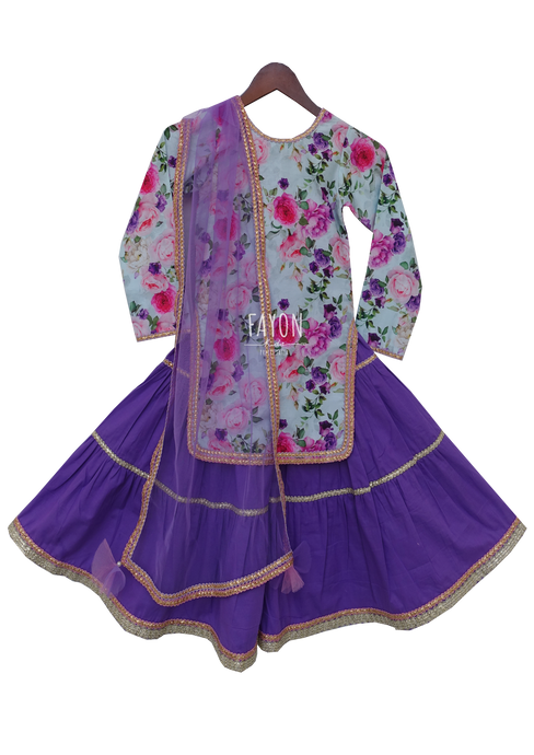 Girls Blue Cotton Printed Kurti With Purple Cotton Sharara