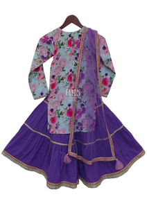 Girls Blue Cotton Printed Kurti With Purple Cotton Sharara