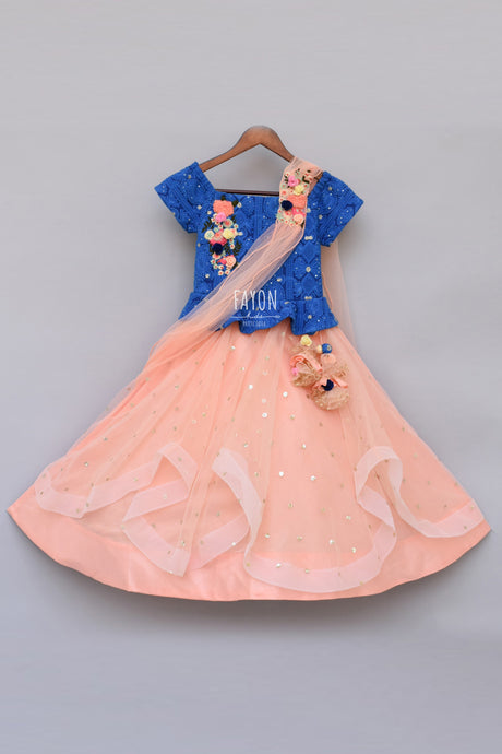 Girls Blue Embroidery Choli With Peach Net Lehenga and Stitched Dupatta