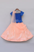 Load image into Gallery viewer, Girls Blue Embroidery Choli With Peach Net Lehenga and Stitched Dupatta