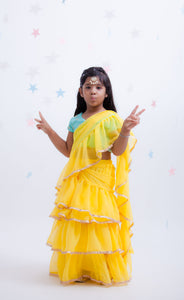 Girls Blue Embroidery Choli With Yellow Saree