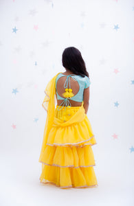 Girls Blue Embroidery Choli With Yellow Saree