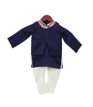 Load image into Gallery viewer, Boys Blue Embroidery Jacket With Kurta &amp; Churidar