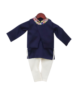 Boys Blue Embroidery Jacket With Kurta & Churidar