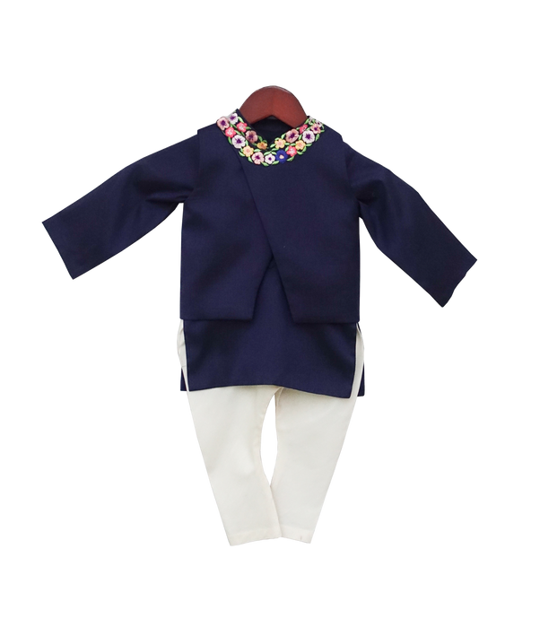 Boys Blue Embroidery Jacket With Kurta & Churidar