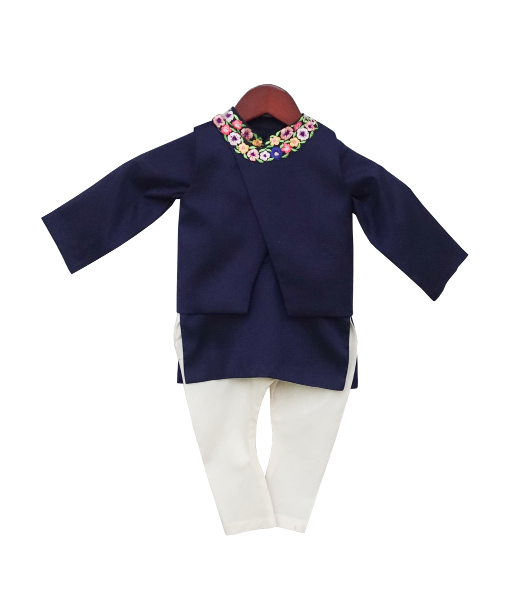 Boys Blue Embroidery Jacket With Kurta & Churidar