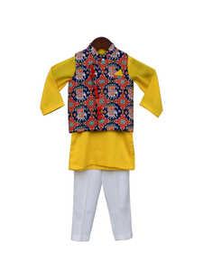 Boys Blue Patola Nehru Jacket With Kurta & Pant