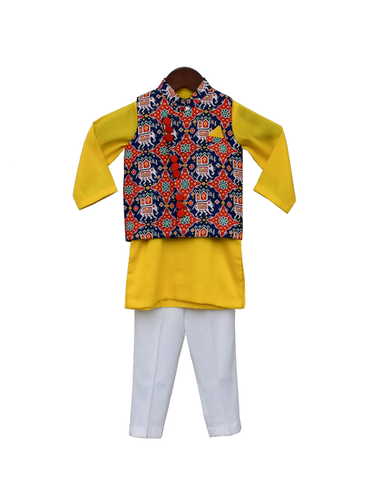 Boys Blue Patola Nehru Jacket With Kurta & Pant