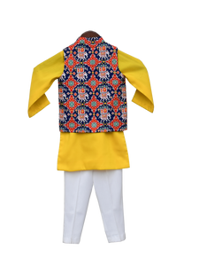 Boys Blue Patola Nehru Jacket With Kurta & Pant