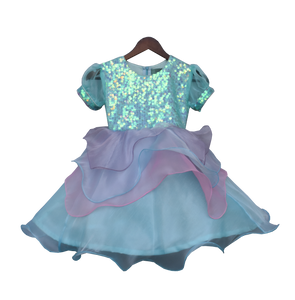 Girls Blue Sequence Yoke With Organza Frock