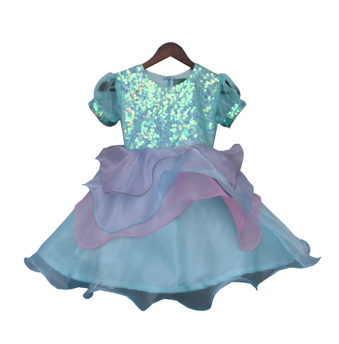 Girls Blue Sequence Yoke With Organza Frock