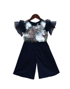 Girls Blue Soft Sequins Top With Plazo