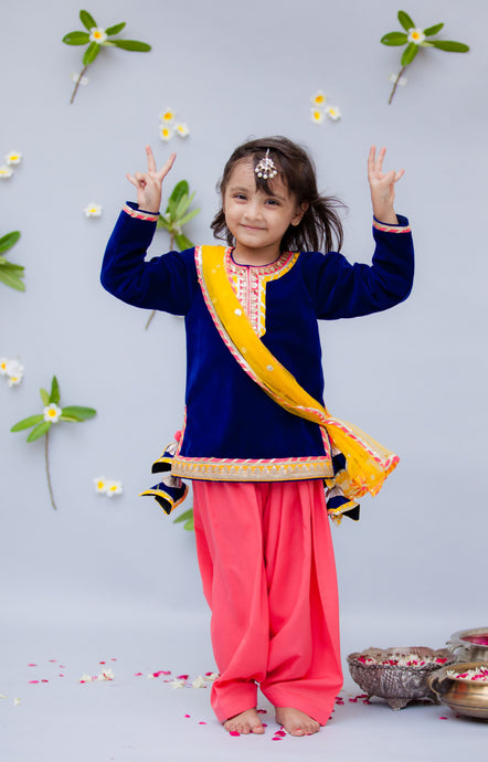 Girls Blue Velvet Kurti With Salwar