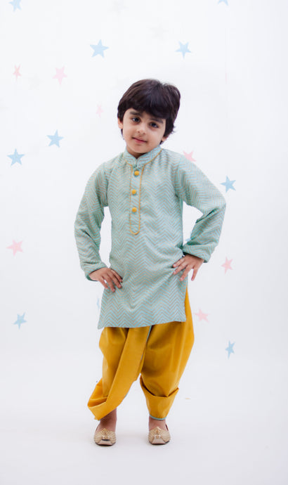 Boys Blue Zig Zag Gota Kurta & Yellow Dhoti