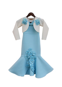Girls Blue Neoprene Fish Cut Dress With Jacket