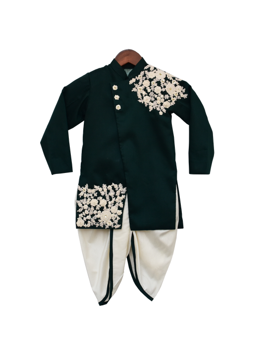 Boys Bottle Green Embroidery Ajkan With Dhoti