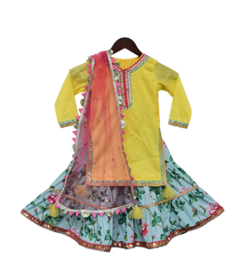 Girls Bright Yellow Kurti With Printed Sharara