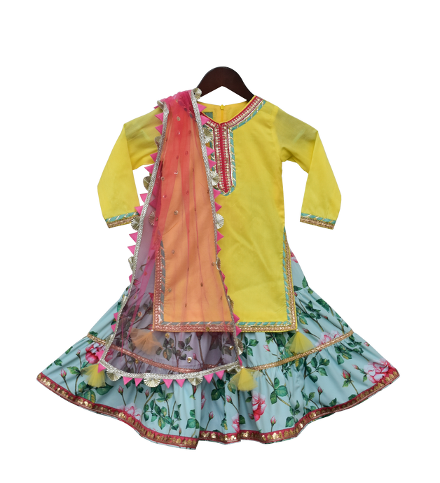 Girls Bright Yellow Kurti With Printed Sharara