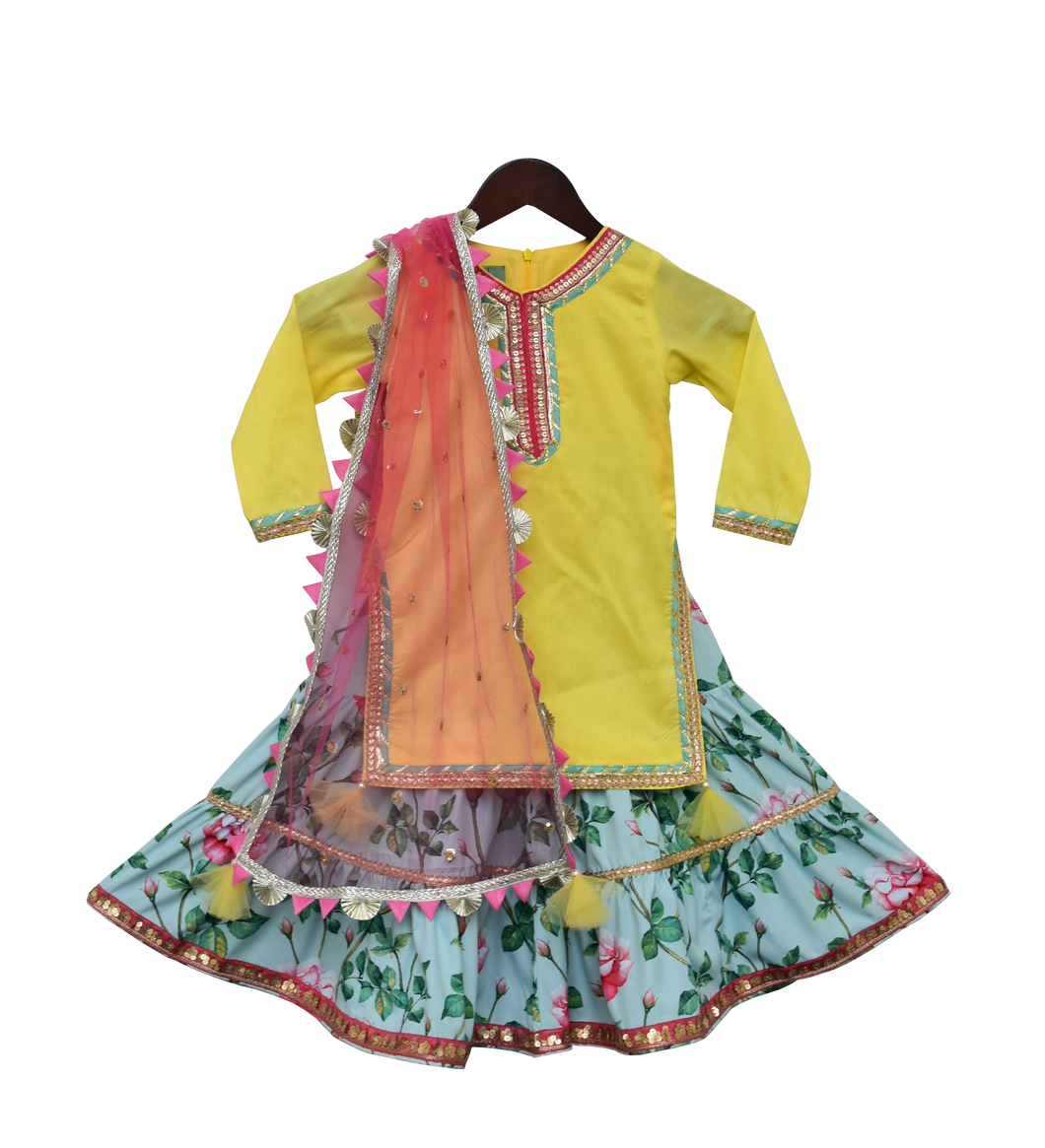 Girls Bright Yellow Kurti With Printed Sharara