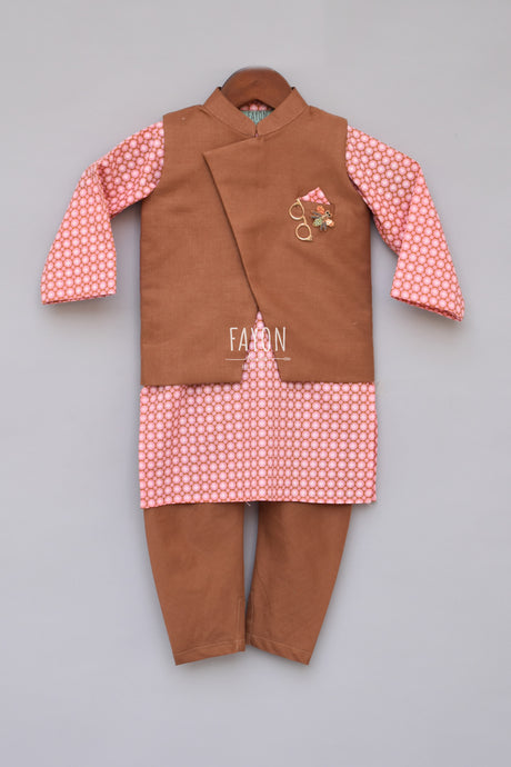 Boys Brown Nehru Jacket With Printed Kurta And Churidar