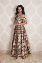 Load image into Gallery viewer, Brown Off Shoulder Gown With Gota And Zari Work