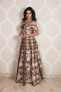 Brown Off Shoulder Gown With Gota And Zari Work
