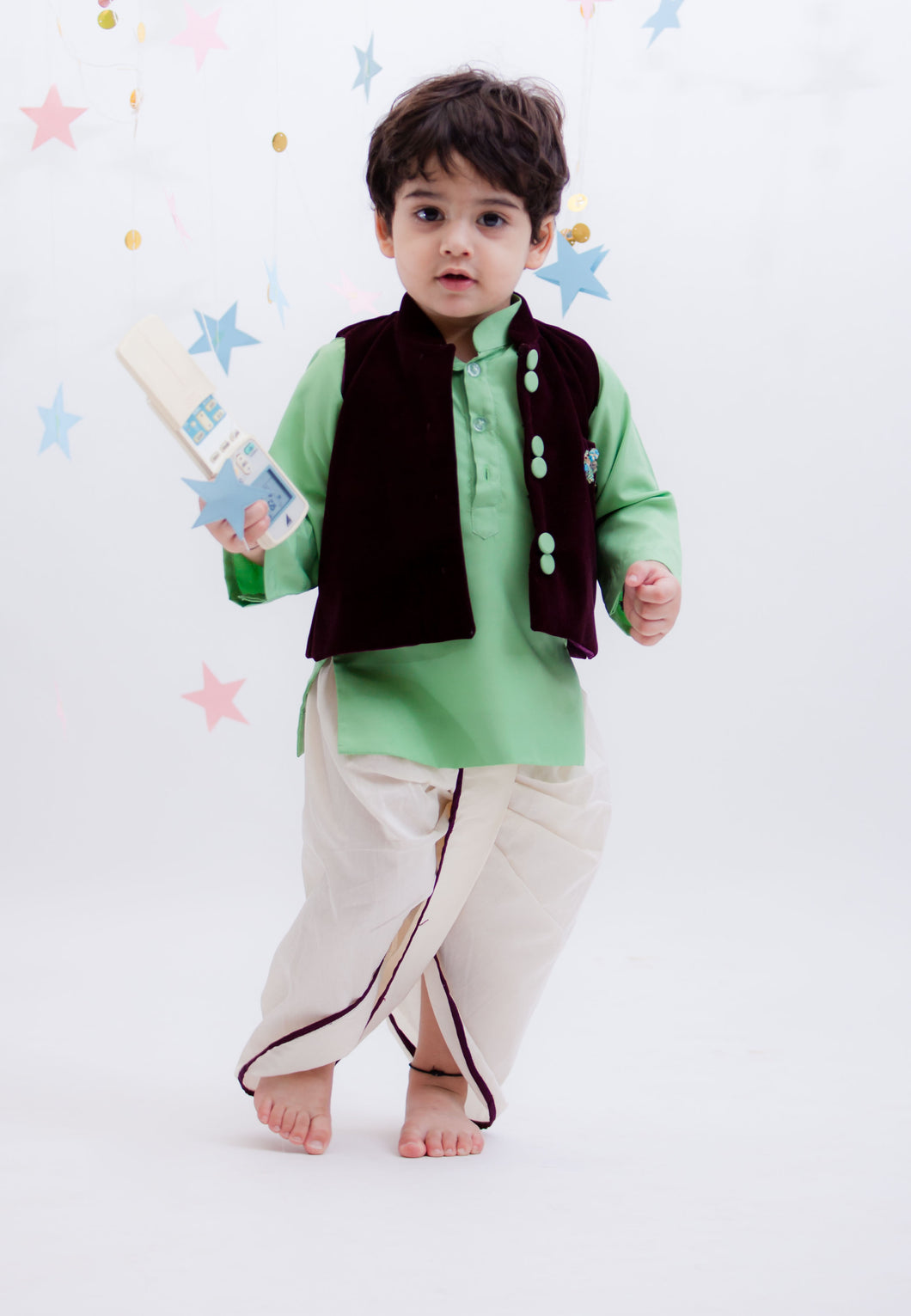 Boys Burgandi Velvet Nehru Jacket Set