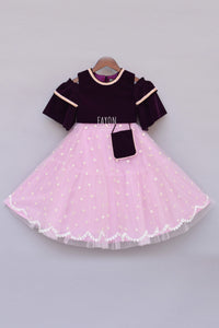 Girls Burgandi Velvet Top With Pink Net Lehenga