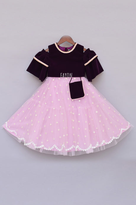 Girls Burgandi Velvet Top With Pink Net Lehenga