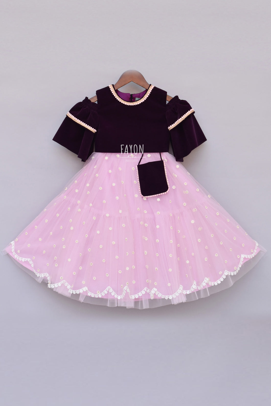 Girls Burgandi Velvet Top With Pink Net Lehenga