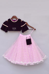 Girls Burgandi Velvet Top With Pink Net Lehenga