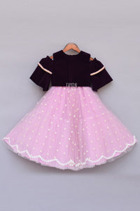 Girls Burgandi Velvet Top With Pink Net Lehenga