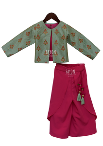Girls Candy Pink Crop Top Dhoti With Embroidery Jacket