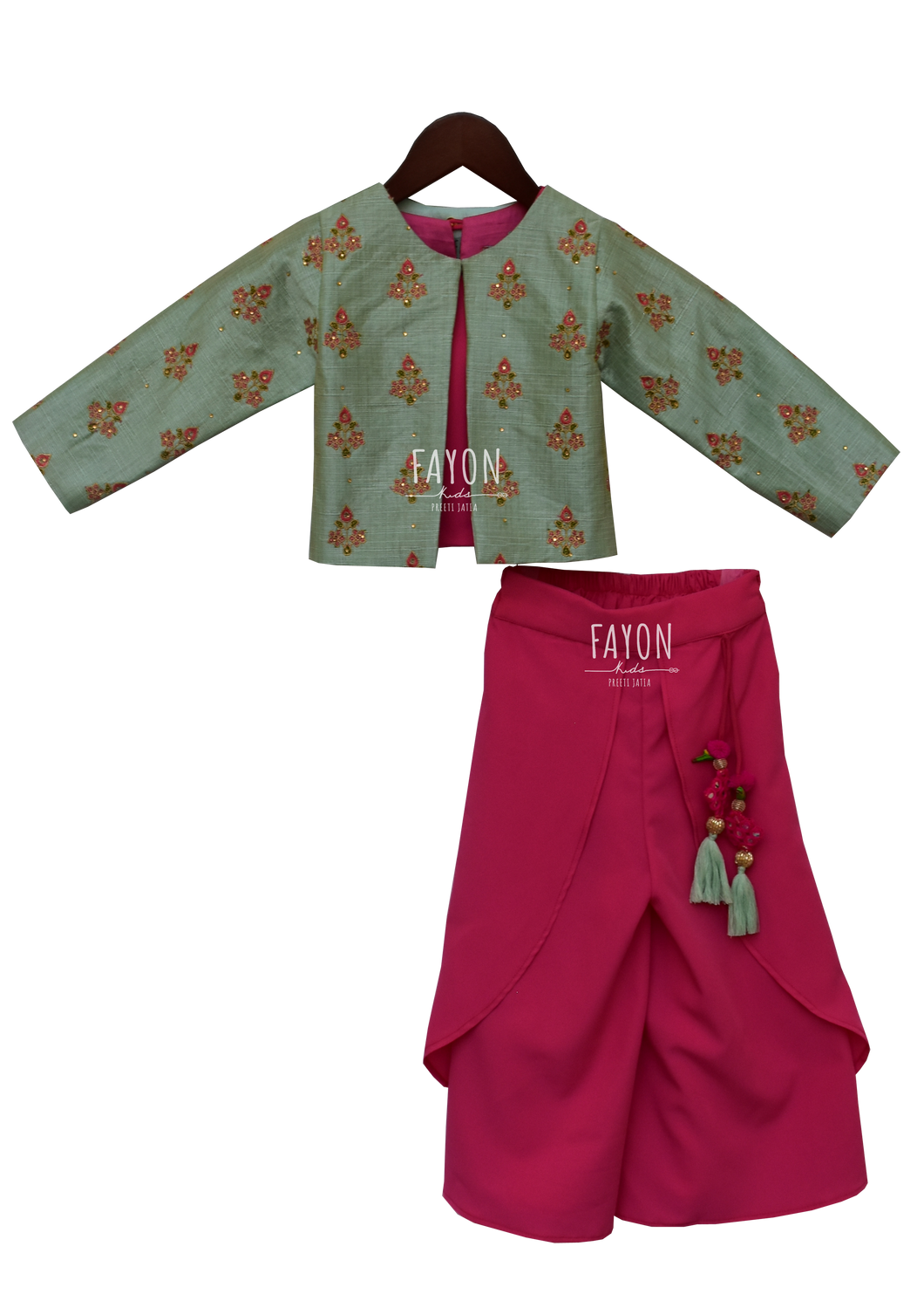 Girls Candy Pink Crop Top Dhoti With Embroidery Jacket