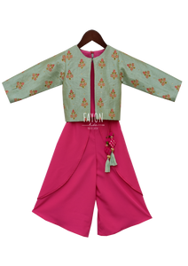 Girls Candy Pink Crop Top Dhoti With Embroidery Jacket