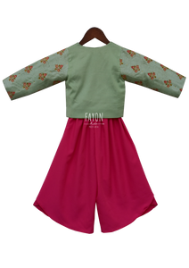 Girls Candy Pink Crop Top Dhoti With Embroidery Jacket