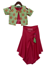 Load image into Gallery viewer, Girls Candy Pink Crop Top Dhoti With Green Embroidery Jacket