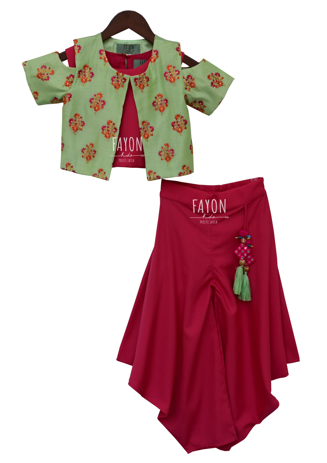 Girls Candy Pink Crop Top Dhoti With Green Embroidery Jacket