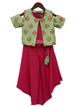 Load image into Gallery viewer, Girls Candy Pink Crop Top Dhoti With Green Embroidery Jacket